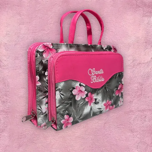 Funda para Biblias - Rosa con negro y flores fuccias